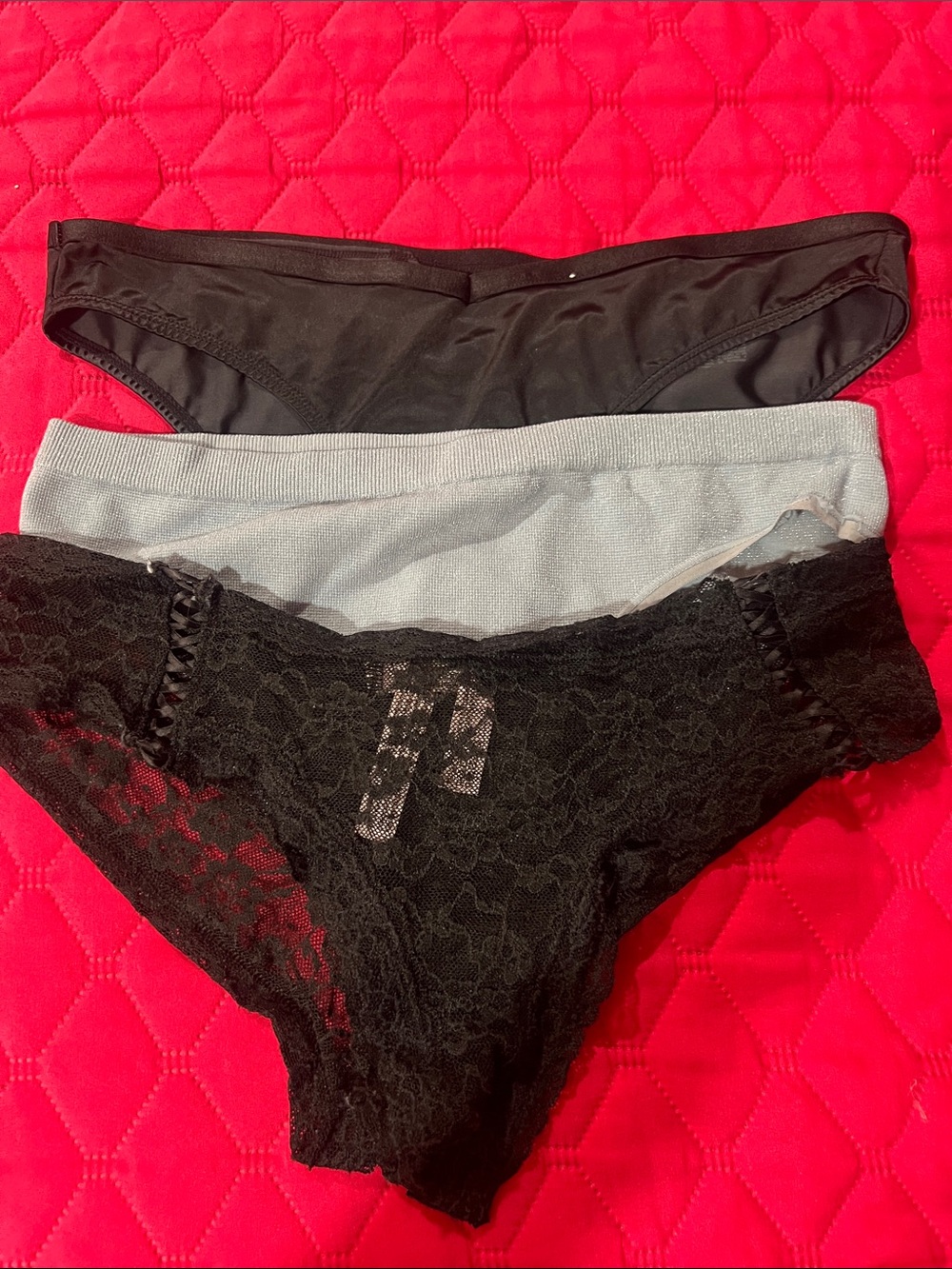 Victoria's Secret Bundle of Three Panties-Black Lace, light Blue and Black Satin